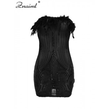Znaiml Women Sexy Club Party Night Feather Strapless Birthday Dresses Elegant Backless Mesh See Through Patchwork Sequin Dress